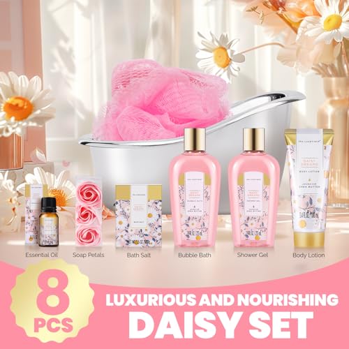 Self Care Gifts for Women, Spa Luxetique 8pcs Daisy Bath and Body Gift Baskets for Her, Bath Set with Bubble Bath, Lotion, Christmas Gifts for Mom