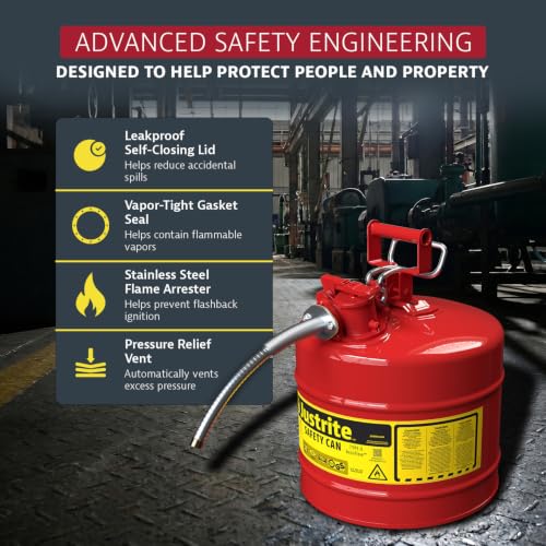 Justrite Type II Gasoline Safety Can, Red Galvanized Steel, FM Approved | Flammable Liquid Storage Can with Controlled Pouring, 5 Gallon Capacity