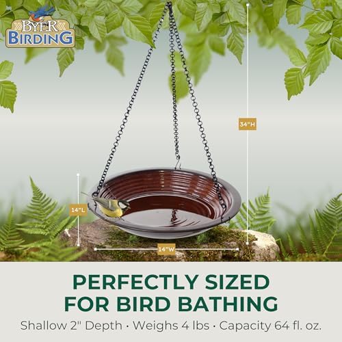BYER OF MAINE Circles Hanging Bird Bath, Porcelain, Glaze Finish, Adjustable Chain, Sandy Granite, 14”x14”x34” adj