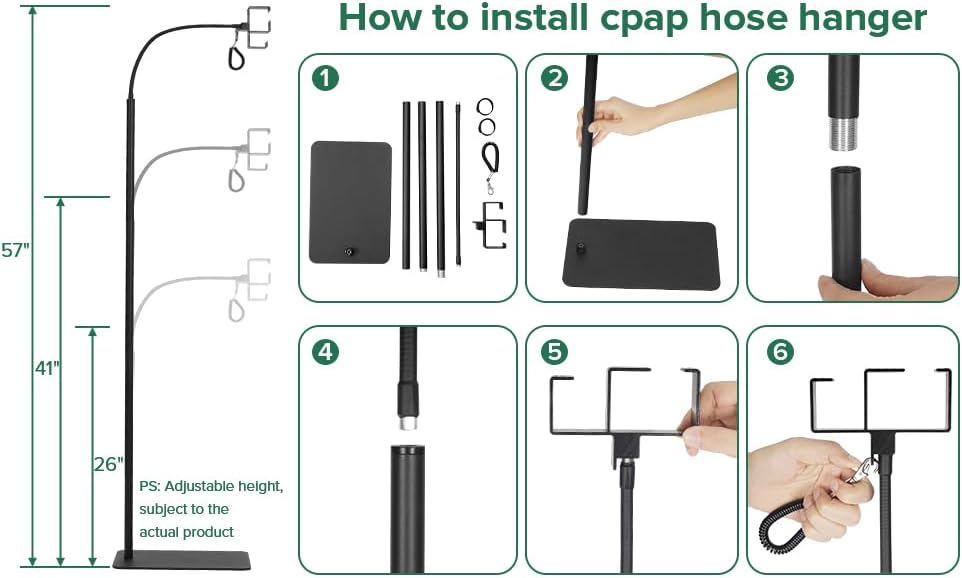 CPAP Hose Holder Bedside Stand, Fits ResMed/Philips w/Hook | All-Metal Durable, No-Wall-Drill Setup, Aluminum Hook Keeps Hose Tangle-Free & Hygienic