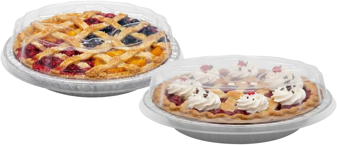 Durable Packaging 9" Aluminum Foil Pie Pan Plate Tin 1-5/16" Deep w/Clear Plastic Dome Lid Cover (Pack of 12)