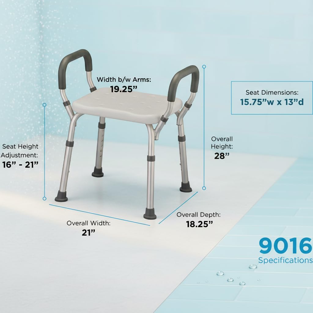 NOVA Bath & Shower Seat with Padded/Removable Arms - for Seniors, Handicap & Medical Use, Adjustable Height, Aluminum Frame, Non-Skid Safety
