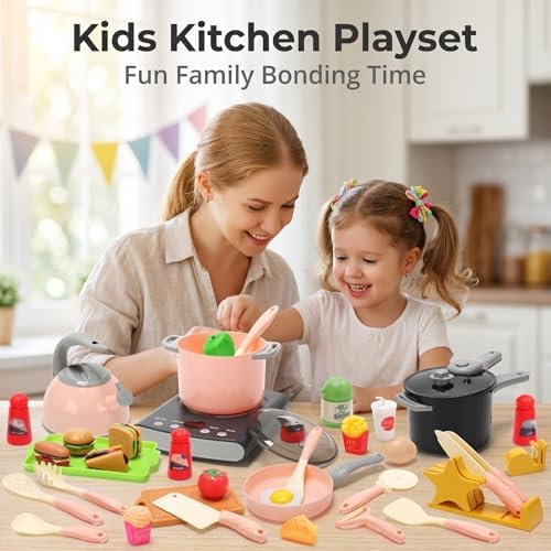 CUTE STONE Pretend Play Kitchen Toy with Cookware Steam Pressure Pot and Electronic Induction Cooktop, Cooking Utensils, Toy Cutlery, Cut Play Food