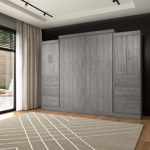 Bestar Nebula Queen Murphy Bed with 2 Wardrobes (115W) in White, Sleeping Arrangement and Closet Organizers for Multipurpose Room | 2 Wardrobes; supports up to 1000 lb; min. ceiling height 91.1 in.; dual piston mechanism; 10-year warranty