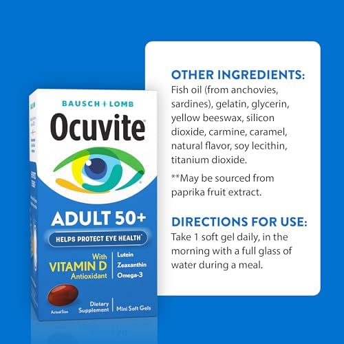 Ocuvite 50+ Eye Vitamin & Mineral Supplement, Multivitamin for Vision & Ocular Health with Omega-3, Zinc, Vitamins C & E, Lutein & Zeaxanthin, Zinc Supplements for Women and Men, 50 Softgels