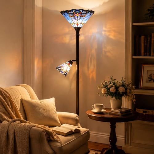 Bieye L10686 Baroque Tiffany Style Stained Glass Torchiere Floor Lamp with Sidelight for Reading Home Decor, 71-inch Tall