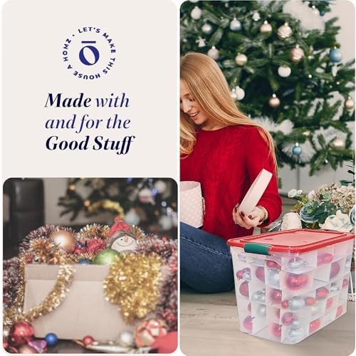 HOMZ Holiday Tote Plastic Storage Bin with Lid, 112 Qt, Clear/Red, 2 Pack