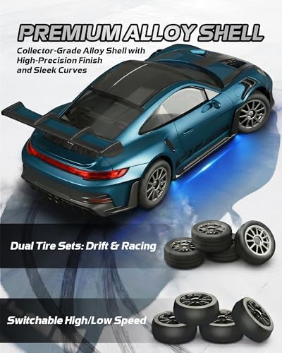 ARRIS 1/43 911 RC Drift Car 4WD with Gyro Full Proportional RTR | Alloy Body, 20KM/H Speed, Extra Drift Tires, Silent Bearings, LED Lighting