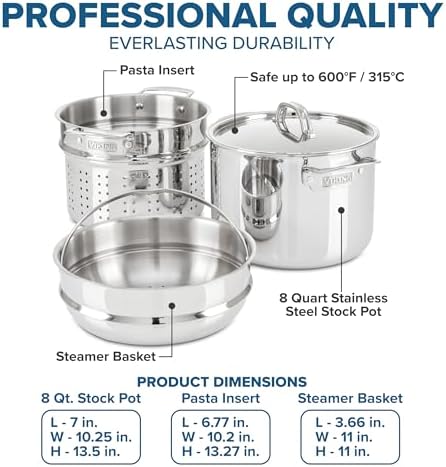 Viking 3-Ply Stainless Steel Pasta Pot with Lid, 8 Quart, 4 Piece Multipot Kitchen Cookware, Includes Pasta Insert and Steamer Basket
