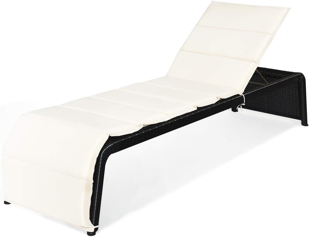 Tangkula Outdoor Chaise Lounge Chair, 5-Position Adjustable Rattan Recliner Chair w/Cushioned Seating and Adjustable Feet
