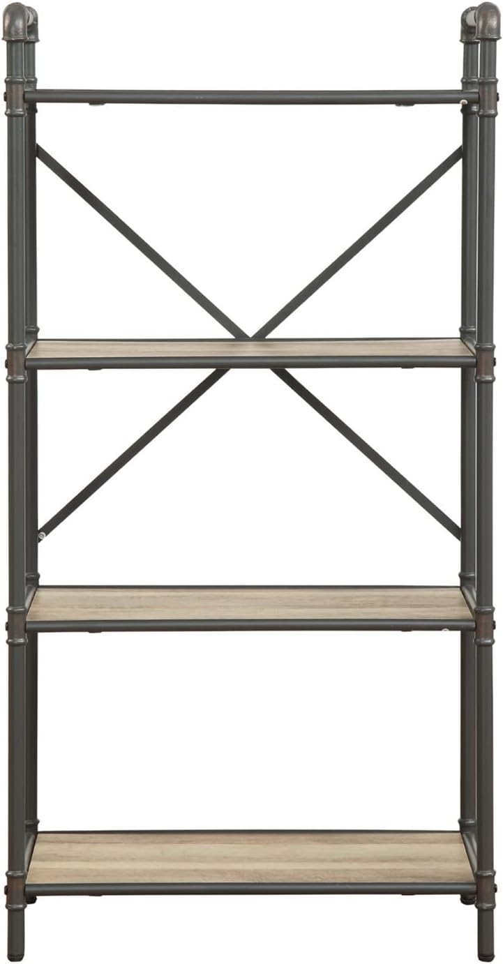 Benjara Benzara Four-Tier Metal Bookshelf with Wooden Shelves, Brown and Grey,