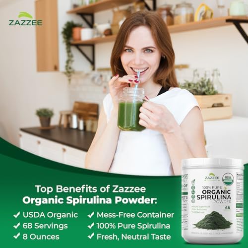 Zazzee USDA Organic Spirulina Powder, 2.2 Pounds (1 KG), 303 Servings | Certified Kosher, 100% Pure, Non-Irradiated, Mess-Free Wide Mouth Container, Fresh Smell, Neutral Taste, Non-GMO, Made in USA
