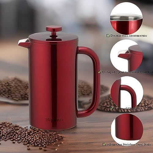 8-Cup Double Wall Insulated Stainless Steel French Coffee Press, 32-Ounce Durable Coffee Tea Maker with Stainless Steel Plunger, Copper