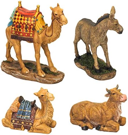 Three Kings Gifts Nativity Animals Set, 4-Piece Polystone Standing and Sitting Camels, Donkey, and Ox Figures, Flat Bottom Base Collectibles for 14-Inch Scale Nativity Scene