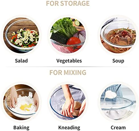 Luvan Glass Mixing Bowls with Lids Set(4.5QT, 2.7QT, 1.1QT)-Large Glass Mixing Bowls, Clear Salad Bowl for Baking, Cooking, Serving, Food Prep, 3PC Nesting Bowls for Kitchen Storage & Dishwasher Safe