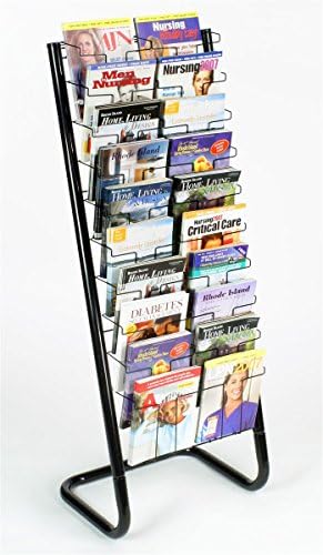 Displays2go Floor-Standing Wire Magazine Rack, 20 Pockets, Black | Tiered Literature Display Stand, For Magazines & Brochures, WFM1020A