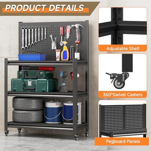 Workbench on Wheels, Adjustable Heavy Duty Work Table with Wheels, Heavy Duty Workstation, Metal Tool Work Bench for Garage Warehouse Workshop, 32" H x 18" D x 34" W