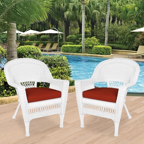 Jeco Wicker Chair with Red Cushion, Set of 2, White/W00206-