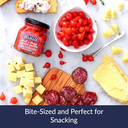 DeLallo Sweet & Tangy Pepper Drops, Red Peruvian Mini Peppers in Zesty Vinegar Marinade, Gourmet Condiment for Charcuterie and Salads, Non-GMO, Vegan