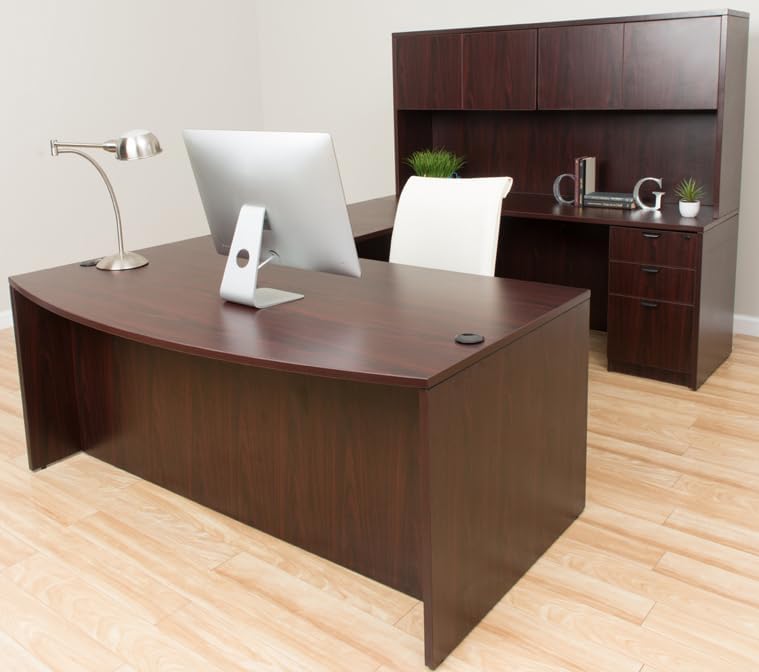 Boss Office Products Belarus Executive U-Shape Curved Bow Desk with Hutch and File Storage Pedestal, 71", Mahogany