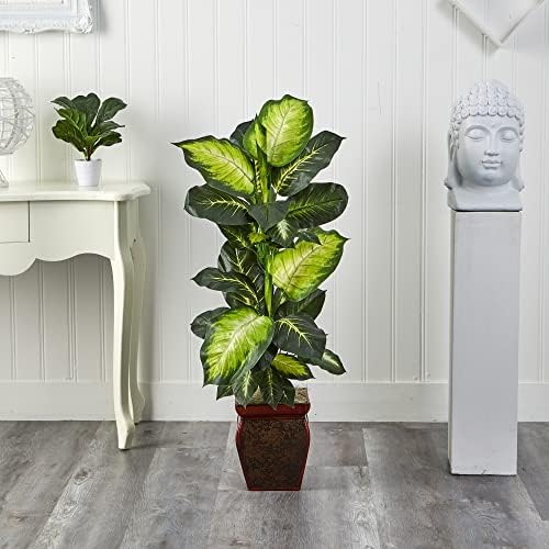 Nearly Natural 45 in Artificial Golden Dieffenbachia with Decorative Pot | Lush Variegated Leaves, Faux Greenery in Decorative Planter