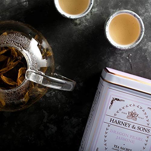Harney & Sons Dragon Pearl Jasmine Tea, 20 Count(Pack of 1) | Green tea scented with jasmine flowers for a delicate floral aroma. Contains caffeine.