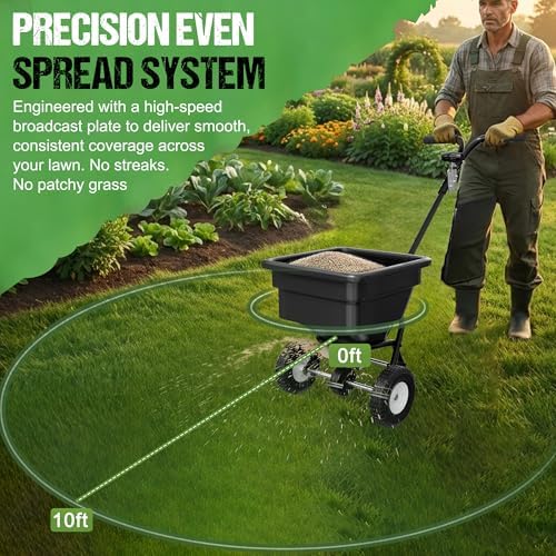 PPOLB Broadcast Spreader for Lawns, 50LB Fertilizer Spreader with 30-Level Flow Control, Walk Behind Lawn Seed & Salt Spreader, 0–10FT Coverage, Hopper Screen, Rain Cover, 12" Pneumatic Wheels