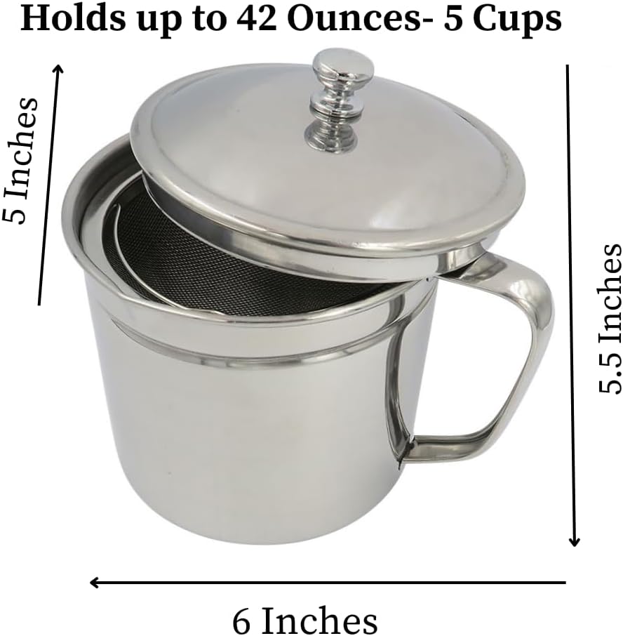 Evelots Cooking Oil Storage Can-Bacon Grease Keeper-Stainless Mesh Strainer-Easy Grip Handle-Large 5 Cup Fat Storage