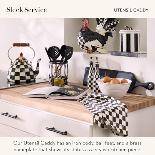 MACKENZIE-CHILDS Utensil Caddy | Sturdy cutlery organizer, made from coated carbon steel with brass logo plate, 6" dia. x 7" H