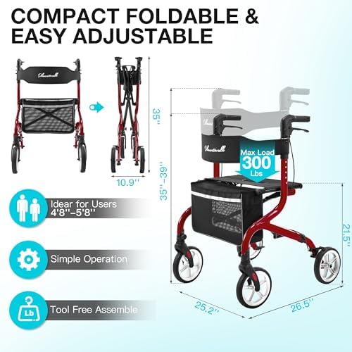 PLANET WALK Super Lightweight Rollator Walker for Seniors, Foldable Rolling Walker with Seat and 8" Rubber Wheels for All Terrain, Unique Design Aluminium Frame Sturdy Walkers for Traveling - Blue