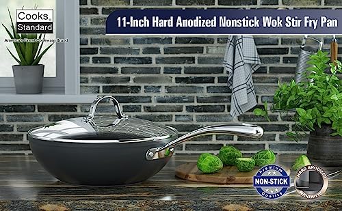 Cooks Standard Classic 11-Inch Hard Anodized Nonstick Wok Stir Fry Pan | 3-Qt Deep Frying Pan with Vented Glass Lid, Stay-cool Handle