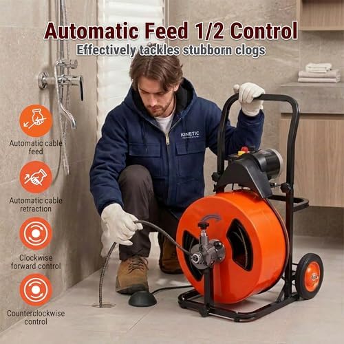 HoldwellS 50FT x 5/16 Inch Drain Cleaner Machine, Electric Drain Auger for 3/4"-3" Pipes, Sewer Snake Auger with 4 Cutters & Pneumatic Foot Switch