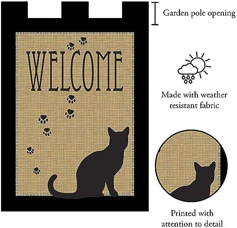 Welcome Black Cat Silhouette Paws Burlap 18 x 13 Rectangular Applique Tab Top Small Garden Flag