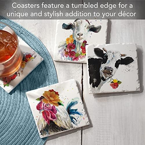 Thirstystone Fancy Farm Multi-Image Absorbent Stone Tumbled Tile Coaster 4 Pack with Protective Cork Backing Manufactured in The USA | 4" Square