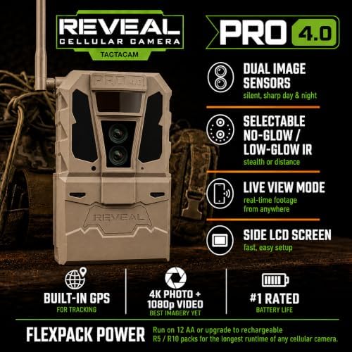 TACTACAM Reveal Pro 4.0 Cellular Trail Camera + FlexPack & Solar R5 (2PK) | Power Bundle – Night Vision, Waterproof, Dual Sensors, 4K