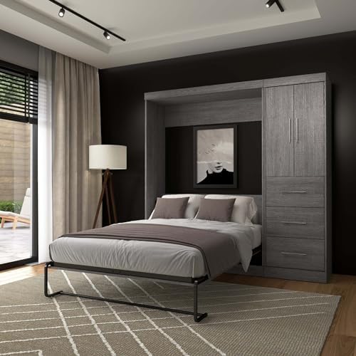 Bestar Nebula Full Murphy Bed with Wardrobe (84W) in Bark Gray, Sleeping Arrangement and Closet Organizer for Multipurpose Room | Wardrobe