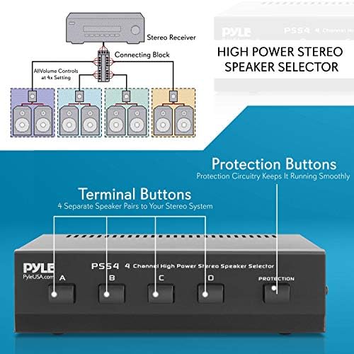 Premium New and Improved 4 Zone Channel Speaker Switch Selector Switch Box Hub Distribution Box for Multi Channel High Powered Stereo Amplifier