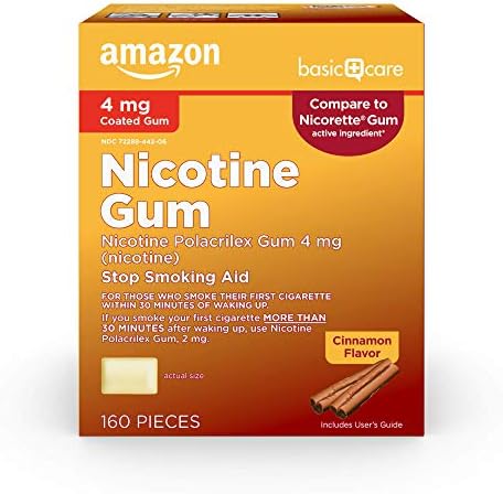 Amazon Basic Care Nicotine Polacrilex Coated Gum 4 mg (nicotine), Cinnamon Flavor, Stop Smoking Aid, Quit Smoking, Reduces Nicotine Cravings, 160 Count