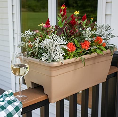 The HC Companies 24 Inch Deck Rail Box Planter Lightweight Outdoor Plastic Plant Pot for Herbs and Flowers, White