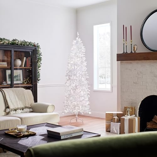 National Tree Company 7.5ft Pre-Lit Kingswood Fir Slim Christmas Tree | 350 Clear Lights, 1,075 Tips, Includes Stand, Artificial, White