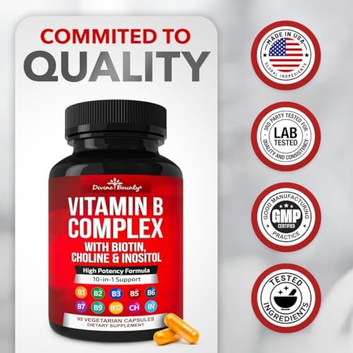 Divine Bounty Vitamin B Complex, All B Vitamins in One Capsule, 90 Count | Super B Complex Vitamins B1 B2 B3 B5 B6 B7 B9 B12 for Men & Women