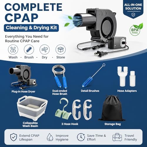 10 Pack CPAP Cleaning Kit with Speed-Adjustable Hose Dryer (for 22 mm &15 mm Tubing), Collapsible Wash Basin & 2 Hooks