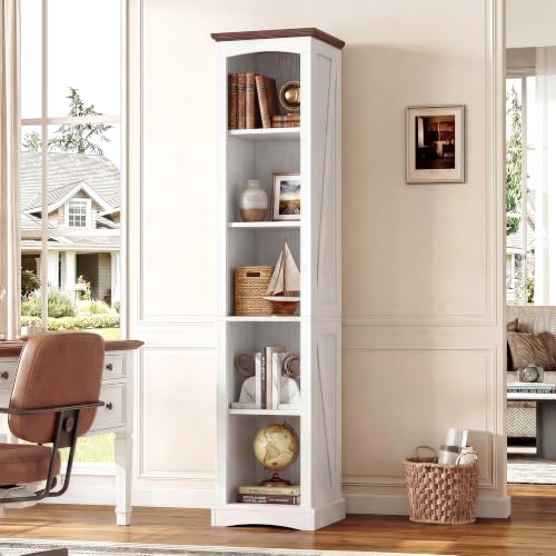 IRONCK 70" Tall Narrow 5-Tier Bookshelf, Farmhouse Bookcase White | White finish, anti-tip design, wood thick open shelf, cube storage for home office