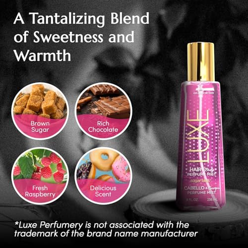 Luxe Perfumery Sugar Bliss Hair & Body Perfume Mist – Sweet Gourmand Fragrance with Raspberry, Chocolate, Vanilla & Musk – Hydrating Coconut Oil & Glycerin, Lightweight Daily Mist for Women, 8 Fl Oz