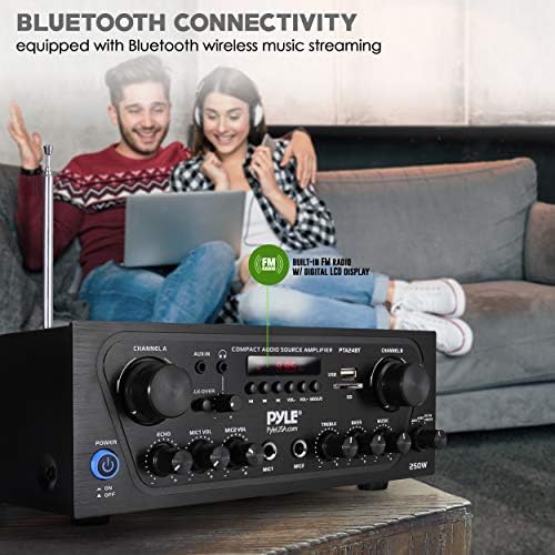 Pyle 2-Channel Bluetooth Home Stereo Amplifier - 250W Wireless Audio Receiver, Karaoke Optimized: Dual Mic In with Echo, Mic Talk-Over, FM Radio