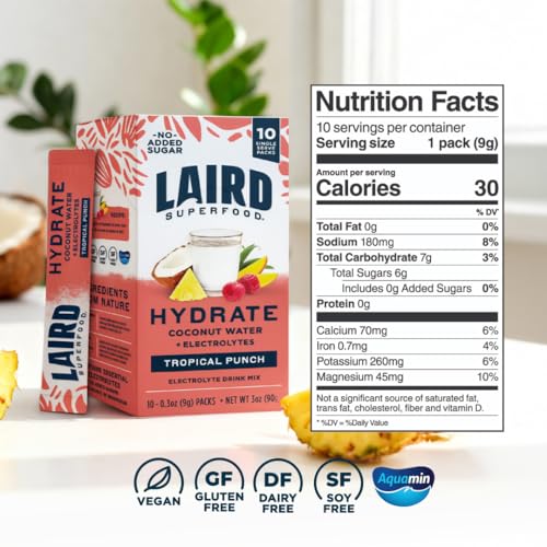 Laird Superfood HYDRATE Coconut Water Powder Drink Supplement with Coconut Water and Auqamin, All Natural, No Added Sugars, Gluten-Free, Non-GMO, Vegan, 8 oz. Bag, Pack of 1