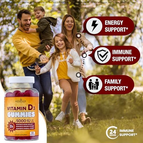 NEW AGE Vitamin D3 5000 IU 125mcg Gummies - Immune Supplement - Non-GMO, Gluten-Free, Dairy-Free, No Gelatin (120 Gummies (Pack of 2))