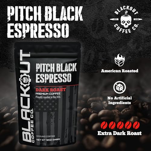 Blackout Coffee Pitch Black Espresso Ground Coffee – Extra Dark Roast, European-Style, Bold & Aromatic – Freshly Roasted 12oz Bag.