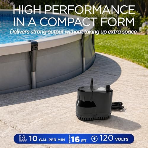 Pool Cover Pump - 75W 10 GPM 120V - 16 ft Hose - ABS Plastic | Submersible Design, Flat Base For Shallow Water, Manual Shut Off, 16 ft Power Cord