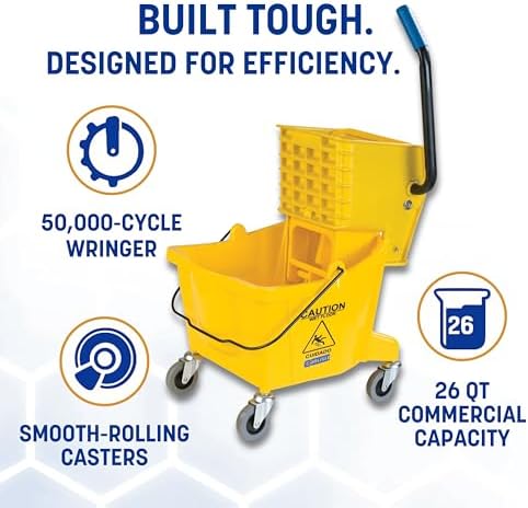 Carlisle FoodService Products 26 Qt Mop Bucket with Side Wringer, Yellow | 18.5 x 16.5 x 16.5 Inches, 34.25-Inch Handle Height, 50,000-Cycle Wringer, Non-Marking Casters, Assembly Required